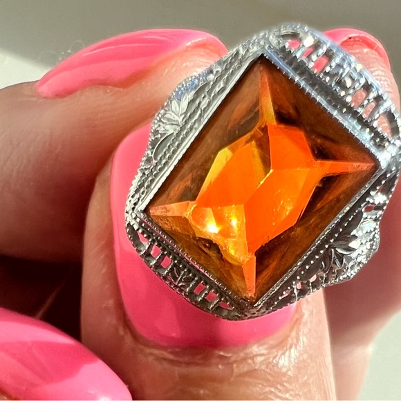 Hallmarked 10k whit gold beautiful deep Color citrine ring . - Picture 1 of 16